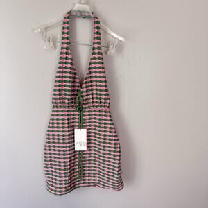 Zara Green Pink Halter Mini Dress 70s Retro look Stretch Size M New